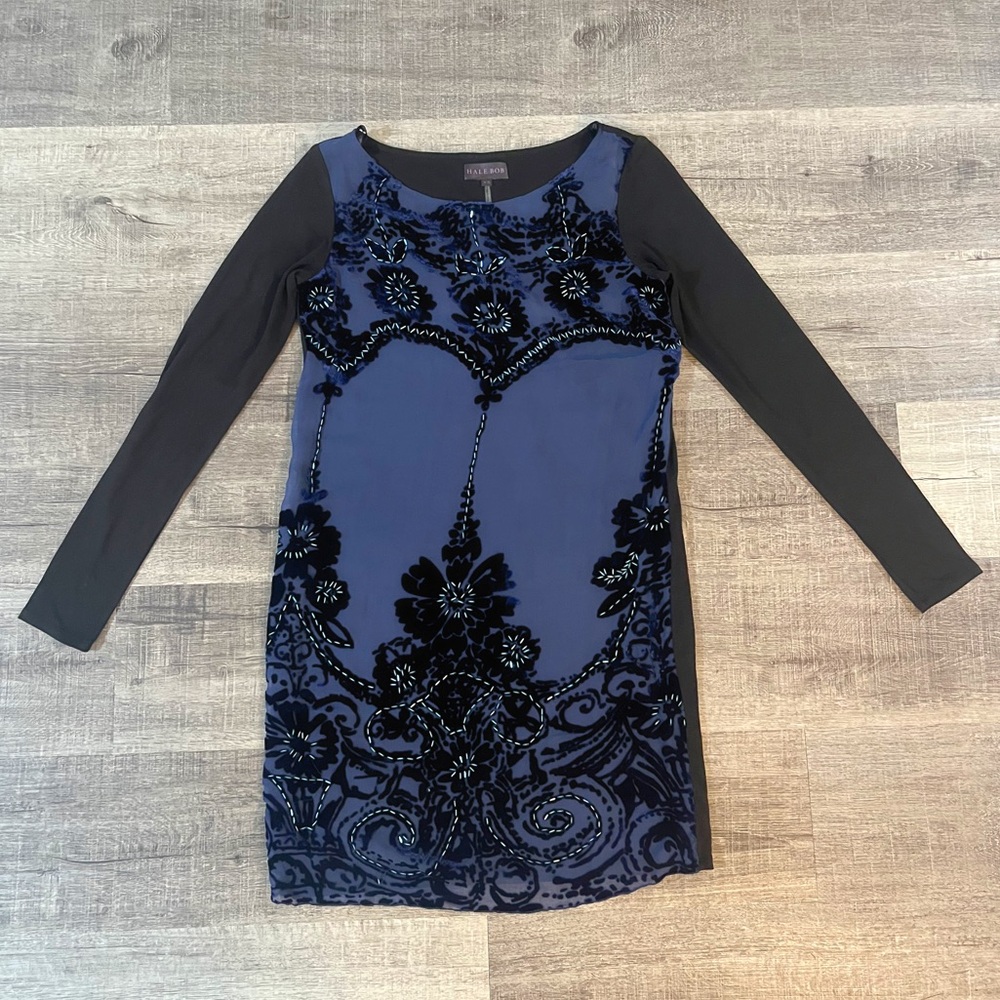HALE BOB Elisa Beaded Velvet Burnout Long Sleeve Dress in Blue